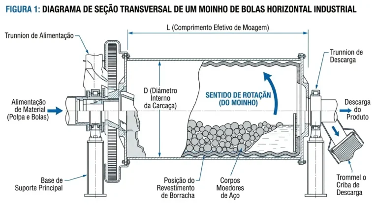 Diagrama de seção transversal de um moinho de bolas horizontal industrial