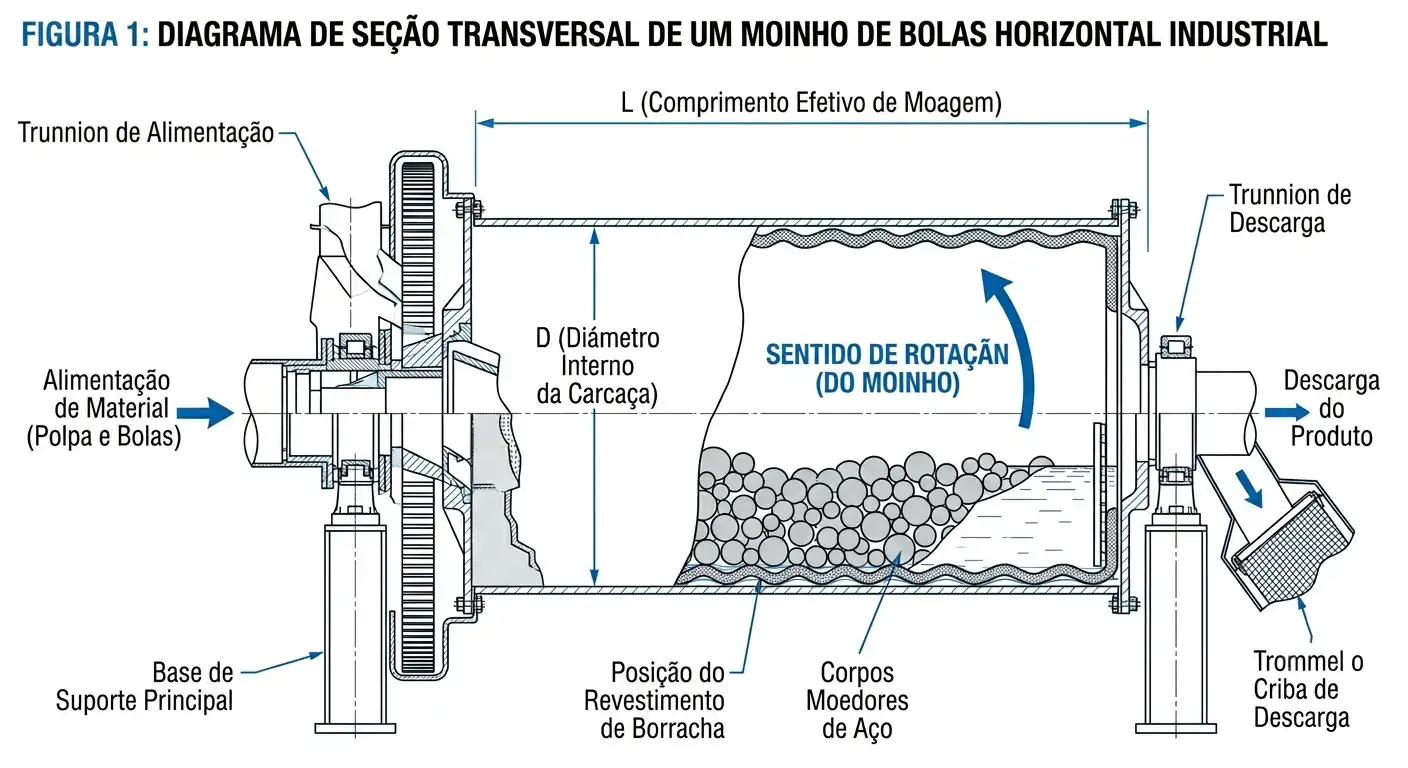 Diagrama de seção transversal de um moinho de bolas horizontal industrial