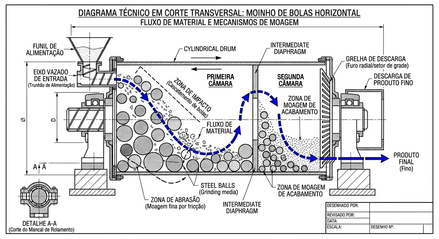 Diagrama técnico em corte transversal de um pequeno moinho de bolas horizontal