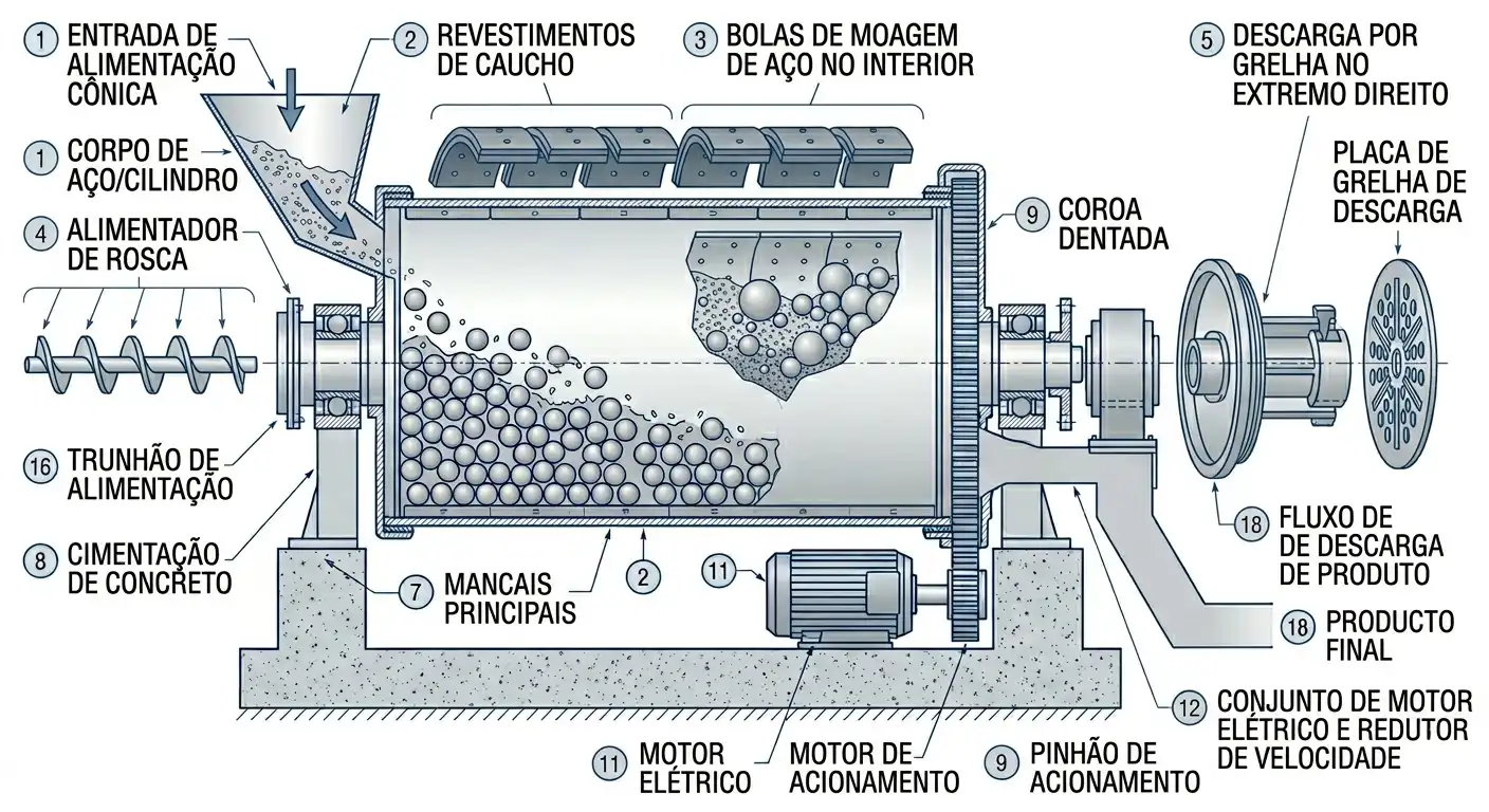corte transversal de um moinho de bolas contínuo