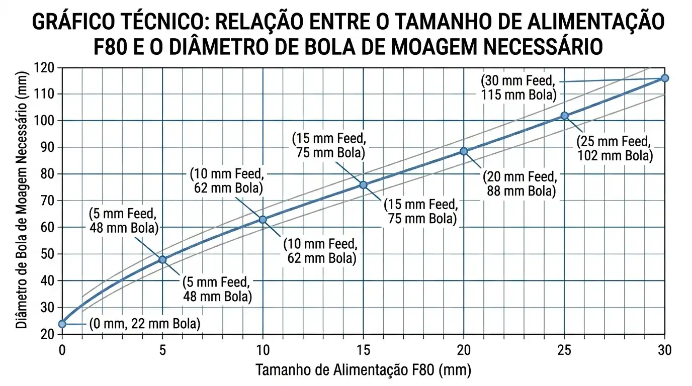 entre o tamanho de alimentação e o diâmetro de bola de moagem necessário