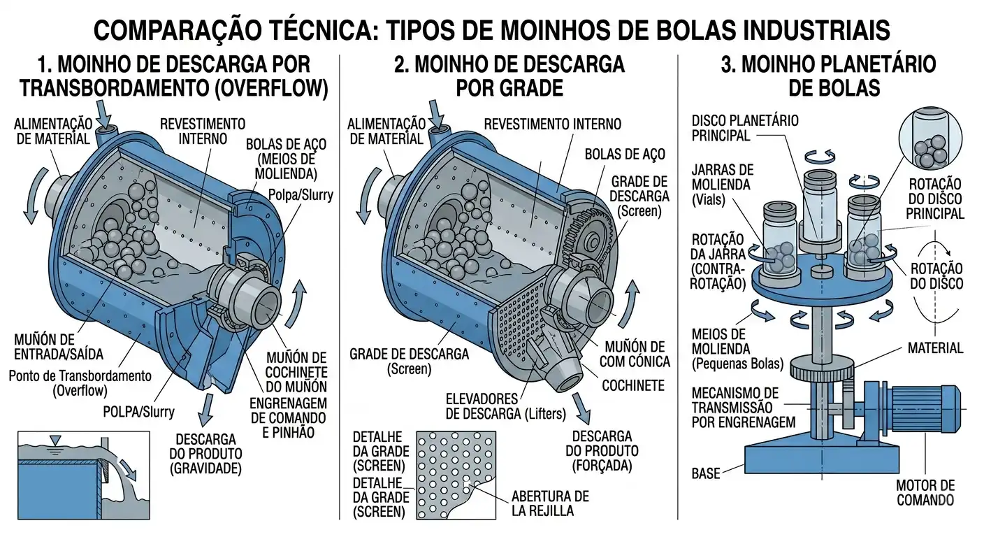 três tipos de moinhos de bolas industriais