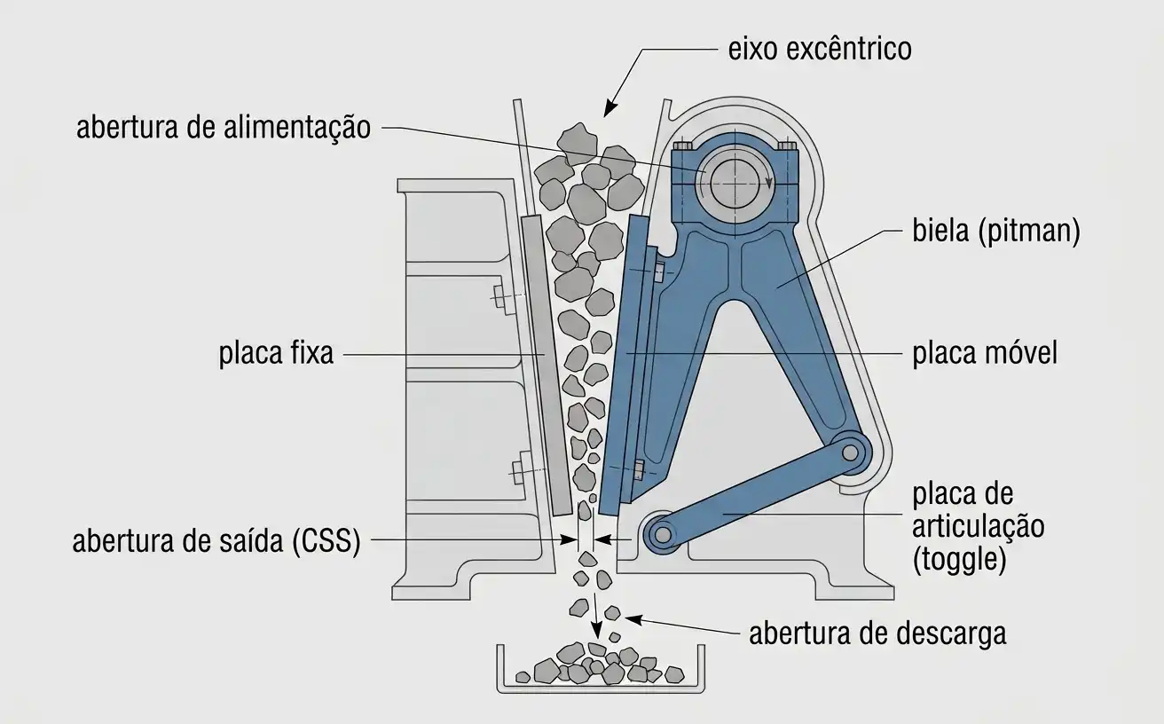 Diagrama em corte transversal de um britador de mandíbulas