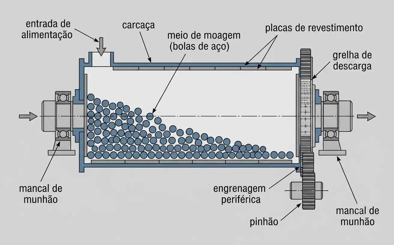 Moinho de bolas horizontal diagrama em corte