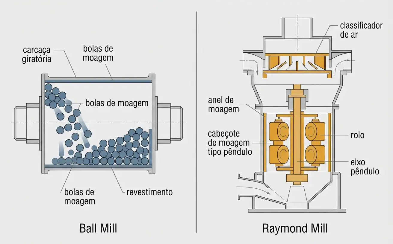 Moinho de bolas horizontal vs moinho Raymond