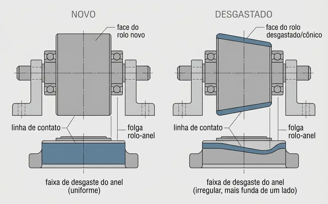 comparação em corte transversal de um rolo novo e um rolo com desgaste irregular e seu anel