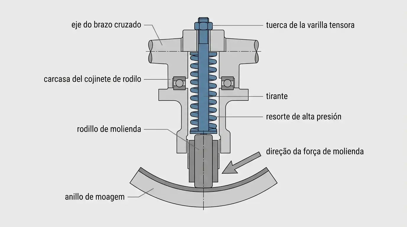 diagrama em corte de um conjunto de pêndula mostrando a mola, o tirante e o rolo de moagem
