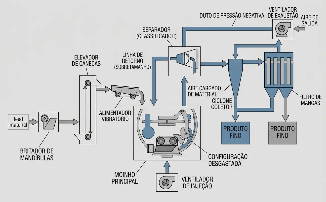 diagrama de fluxo do processo, da alimentação à moagem, classificação e coleta de pó