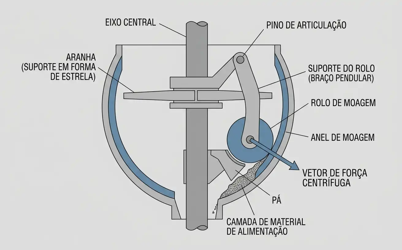 diagrama em corte do rolo de moagem, do anel de moagem e do mecanismo de suspensão pendular