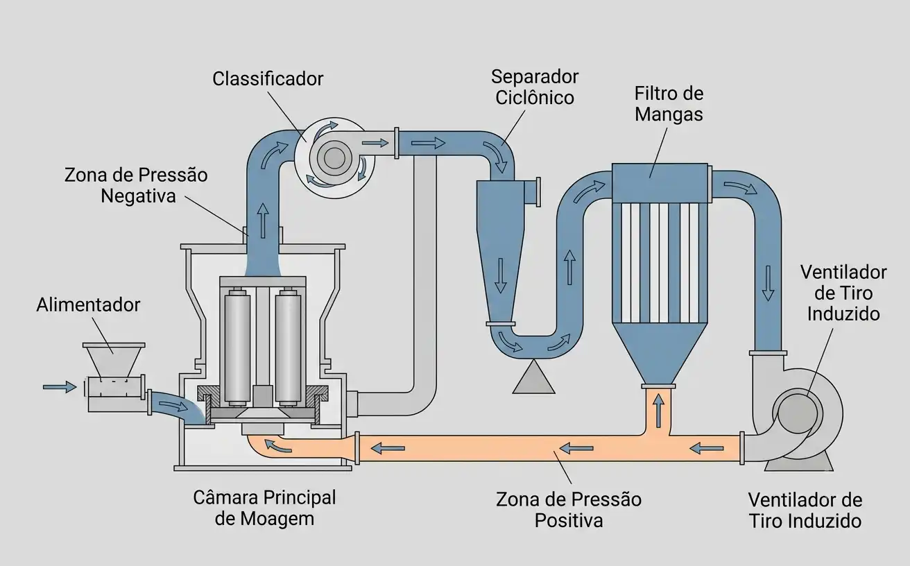 diagrama esquemático das zonas de pressão no circuito de moagem, classificação e coleta de pó