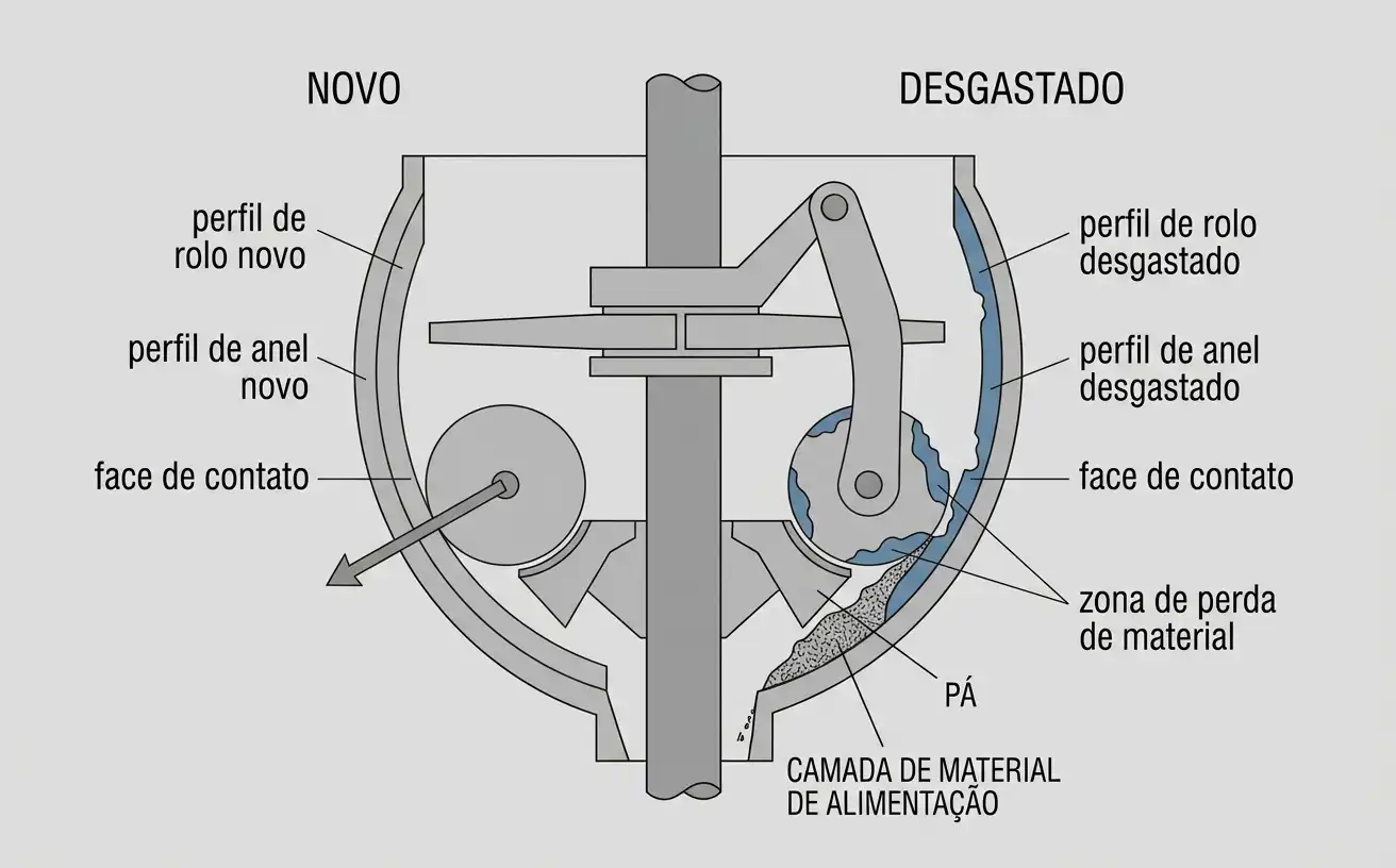 comparação em corte das superfícies novas e desgastadas do rolo e do anel de moagem