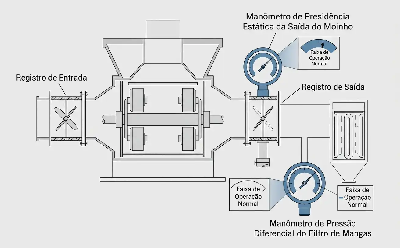 diagrama de registros de entrada e saída com posições do manômetro de pressão diferencial