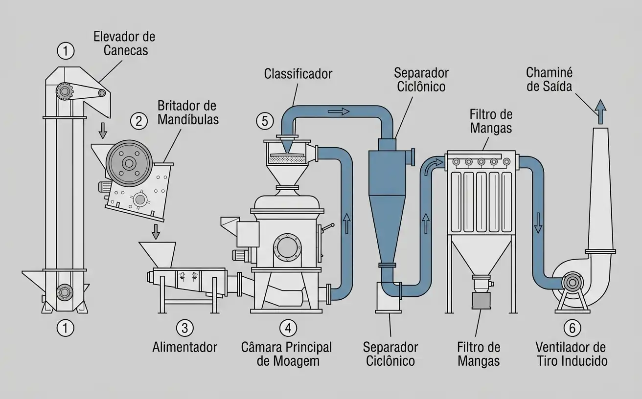 diagrama de layout dos seis componentes principais do circuito em ordem de partida