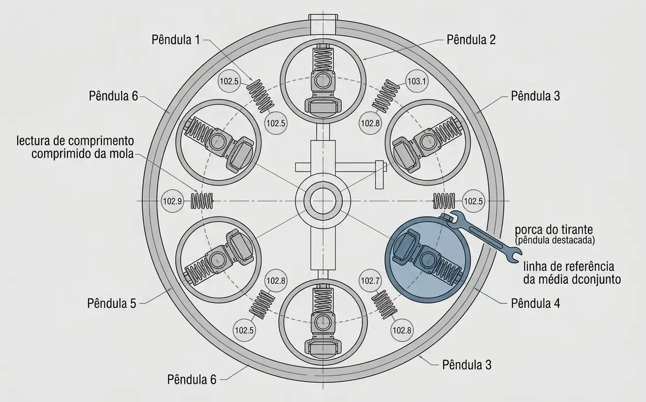 diagrama em planta da medição de compressão da mola em seis pêndulas durante a igualação de tensão