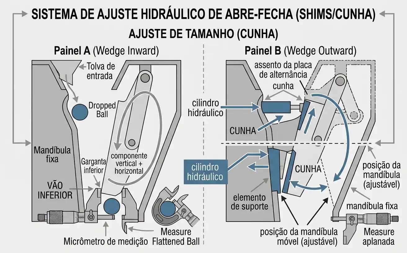 Cilindros hidráulicos empurrando cunhas atrás do assento da placa de alternância para o ajuste do CSS