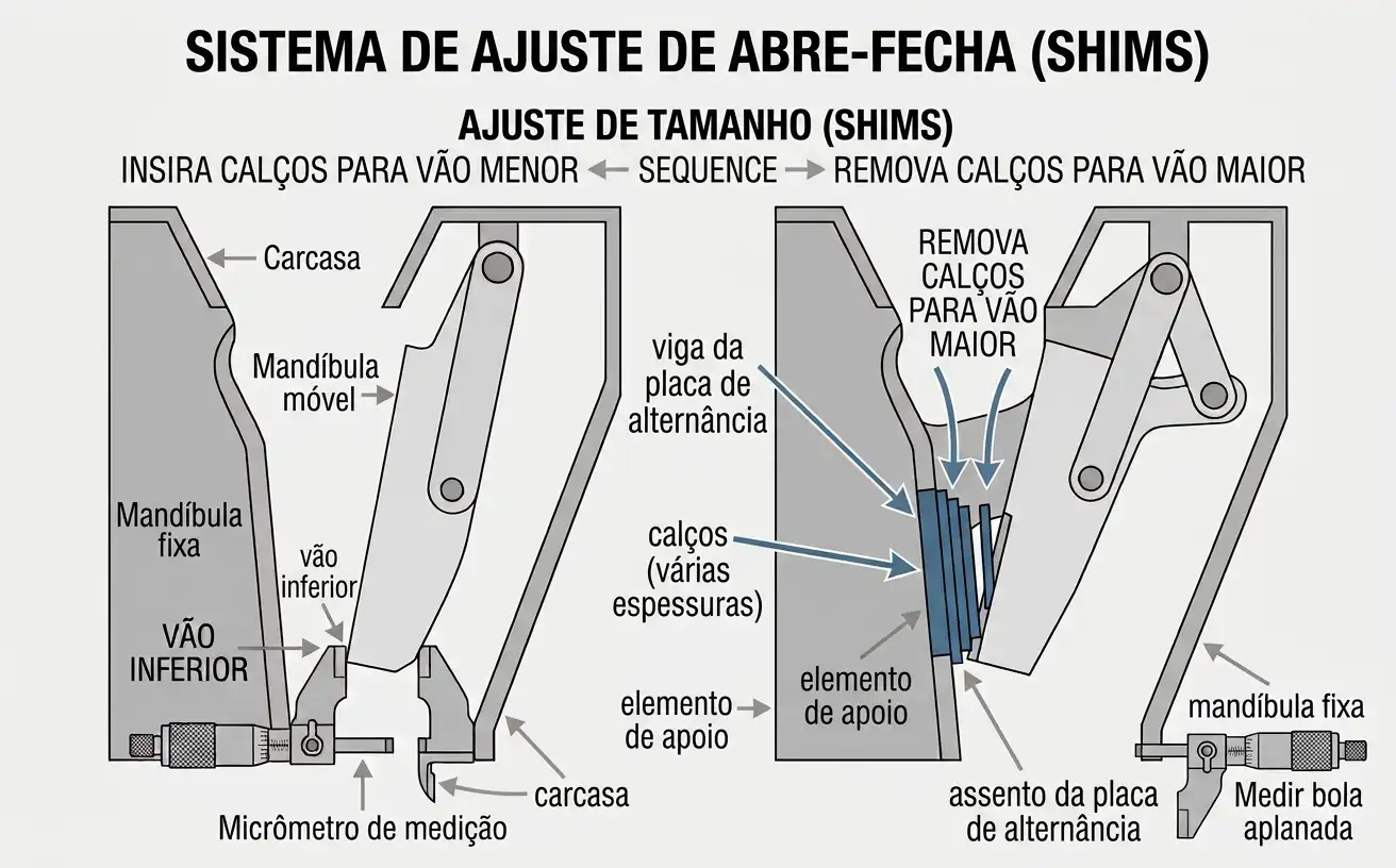 Calços instalados entre a viga da placa de alternância e o elemento de apoio para o ajuste mecânico do CSS