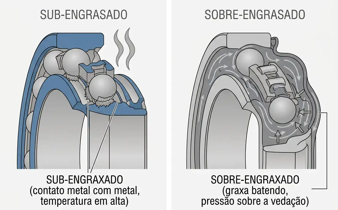 com lubrificação insuficiente e com excesso de lubrificação