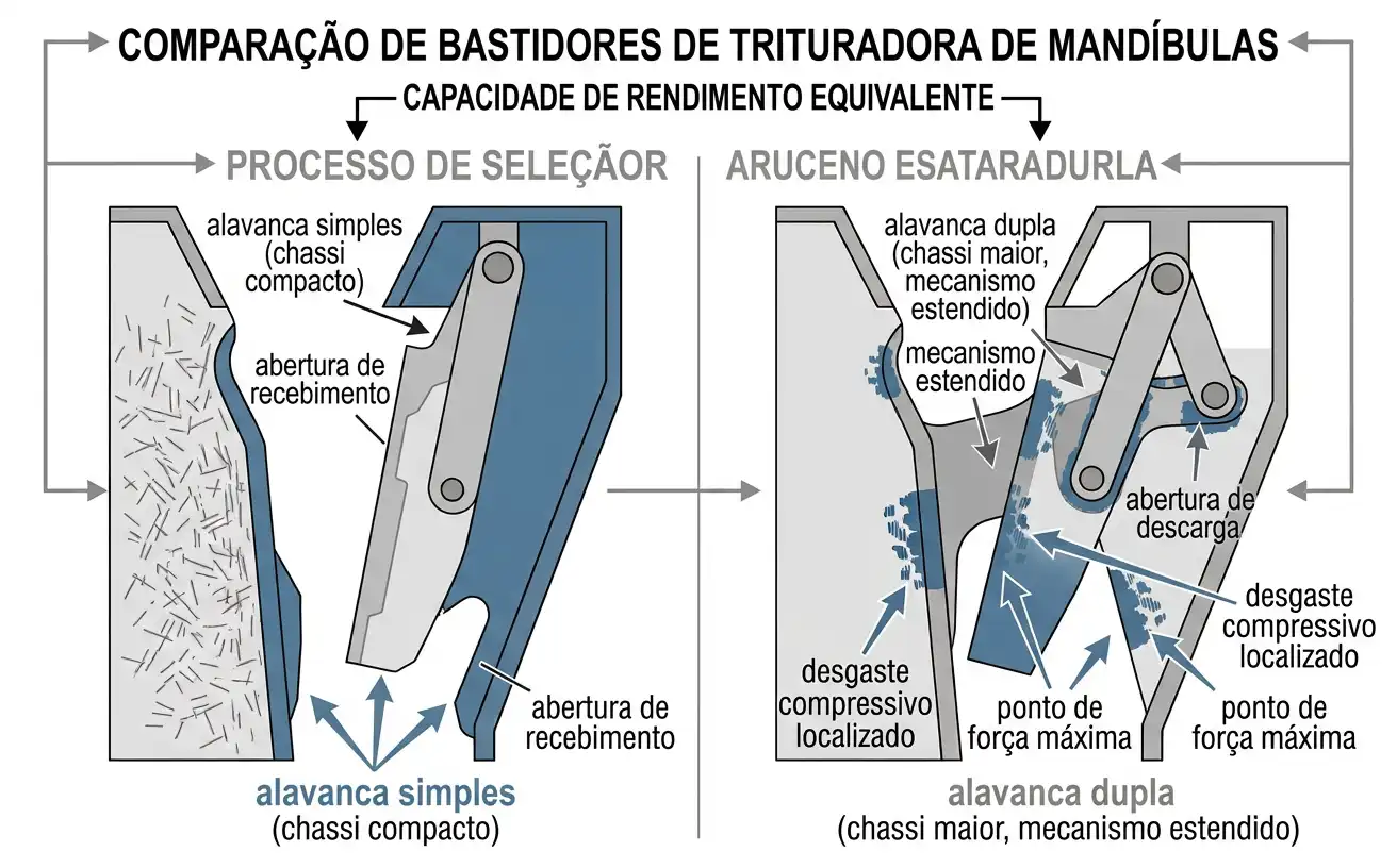 Comparação de porte entre britador de mandíbula de alavanca simples e alavanca dupla em capacidade de rendimento equivalente