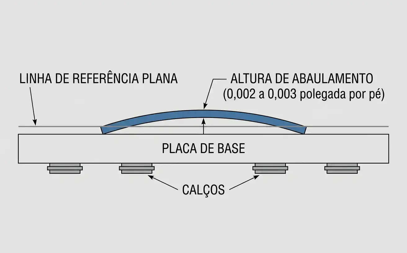 Diagrama de abaulamento de placa de base de mancal de munhão mostrando elevação de 0,002 a 0,003 polegada por pé