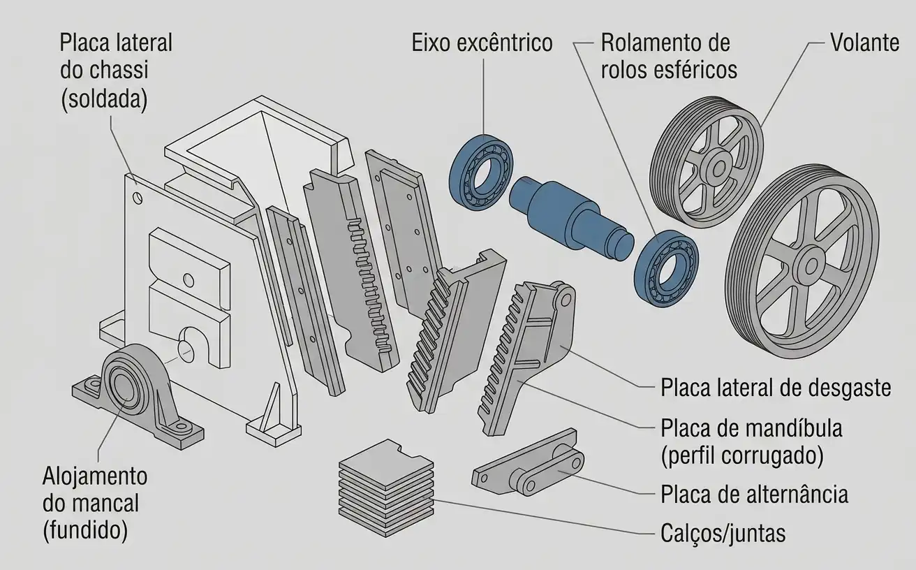 diagrama de vista explodida de um britador de mandíbulas PE