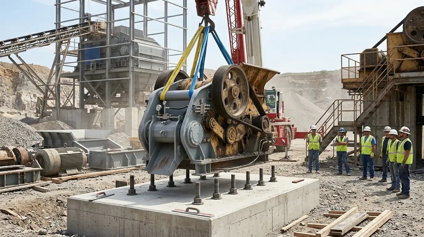 guindaste baixando a máquina sobre sua base de concreto