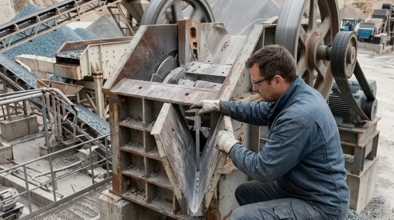 Técnico medindo a abertura de saída fechada na descarga de um britador de mandíbula