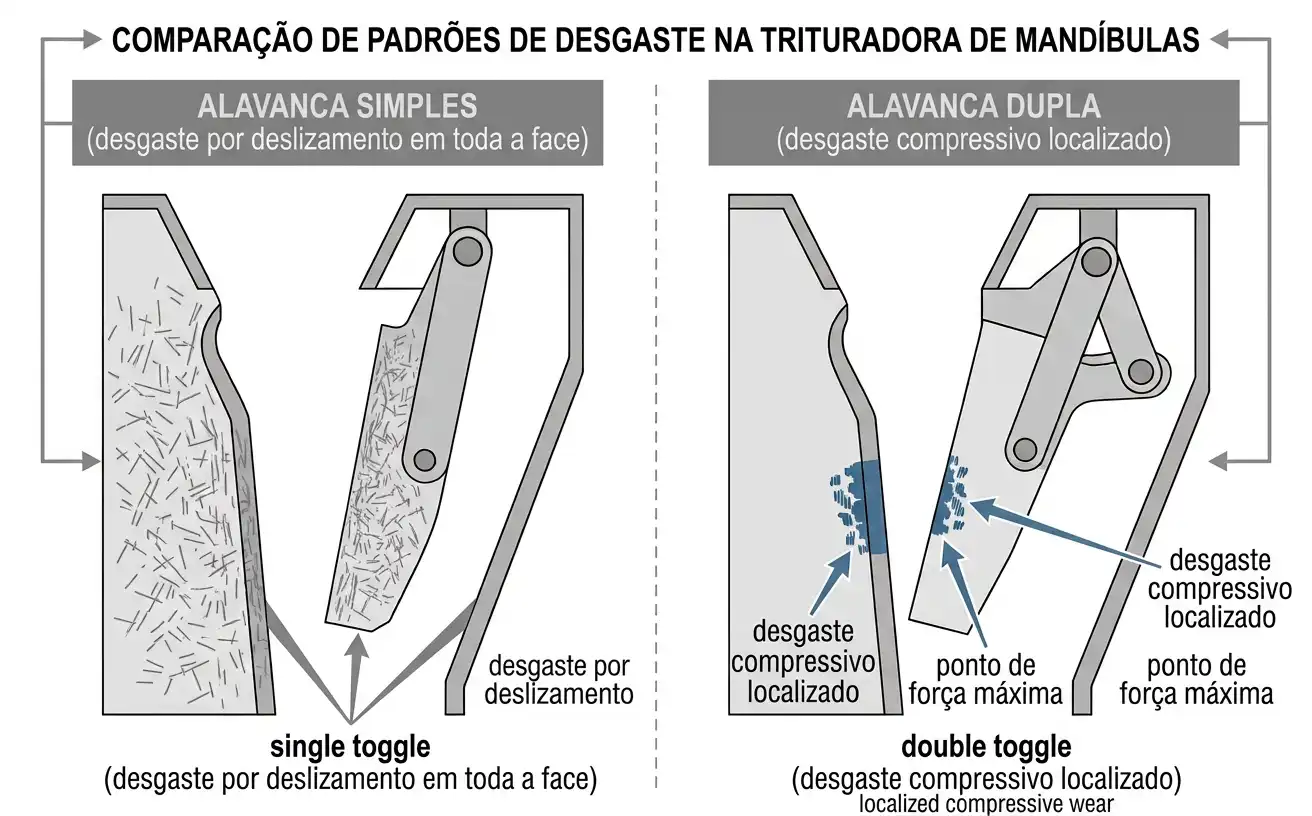 Comparação do padrão de desgaste de placas de mandíbula entre britadores de alavanca simples e alavanca dupla