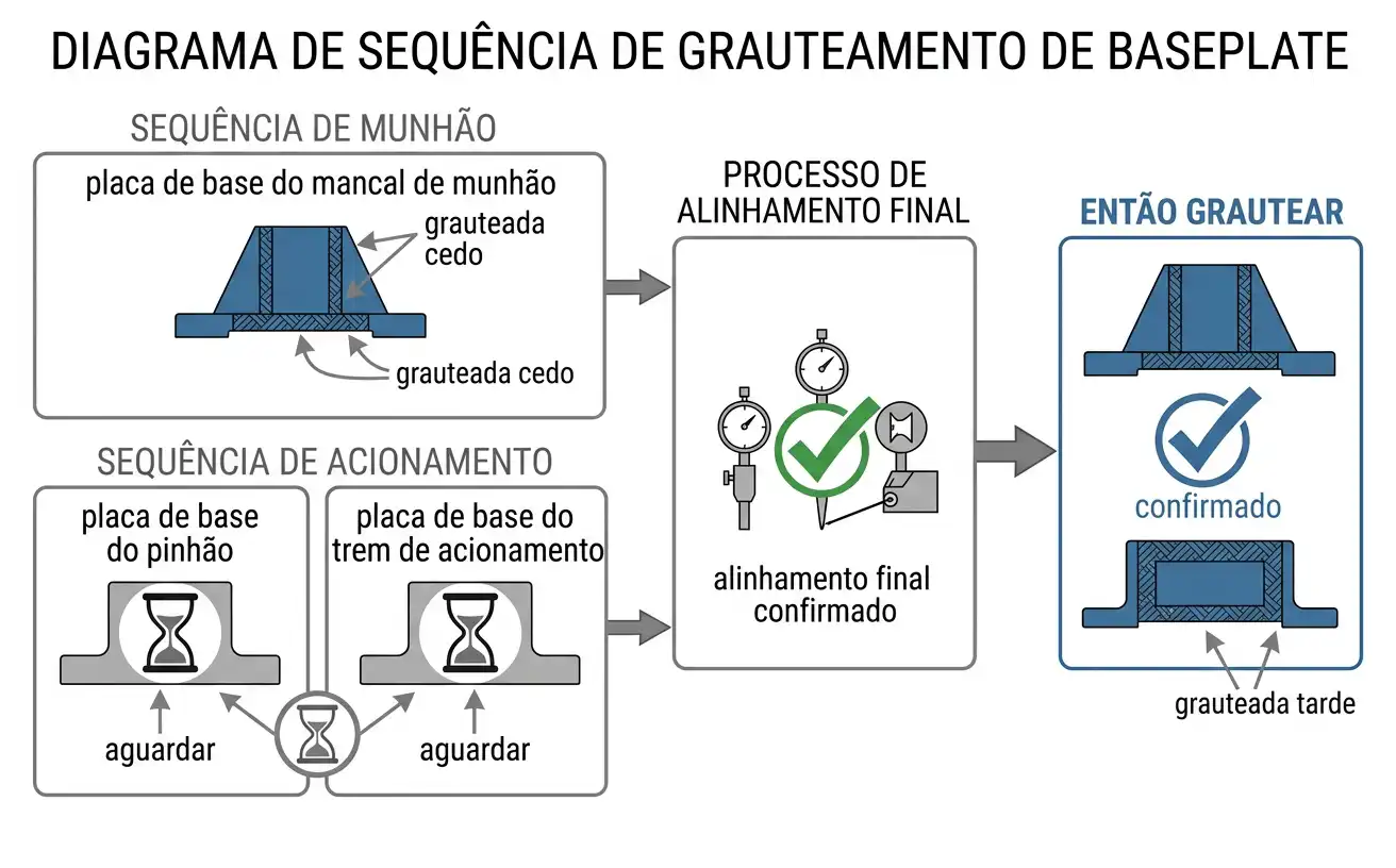 Diagrama de sequência de grauteamento por etapas mostrando mancais de munhão grauteados antes do trem de acionamento