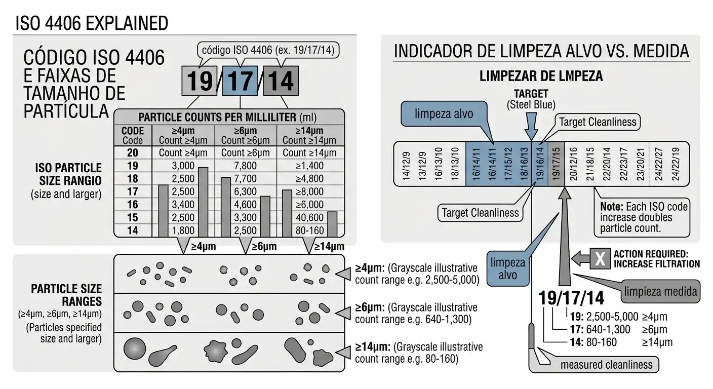 Código de limpeza de fluido hidráulico ISO 4406 com contagem de partículas em três faixas de tamanho