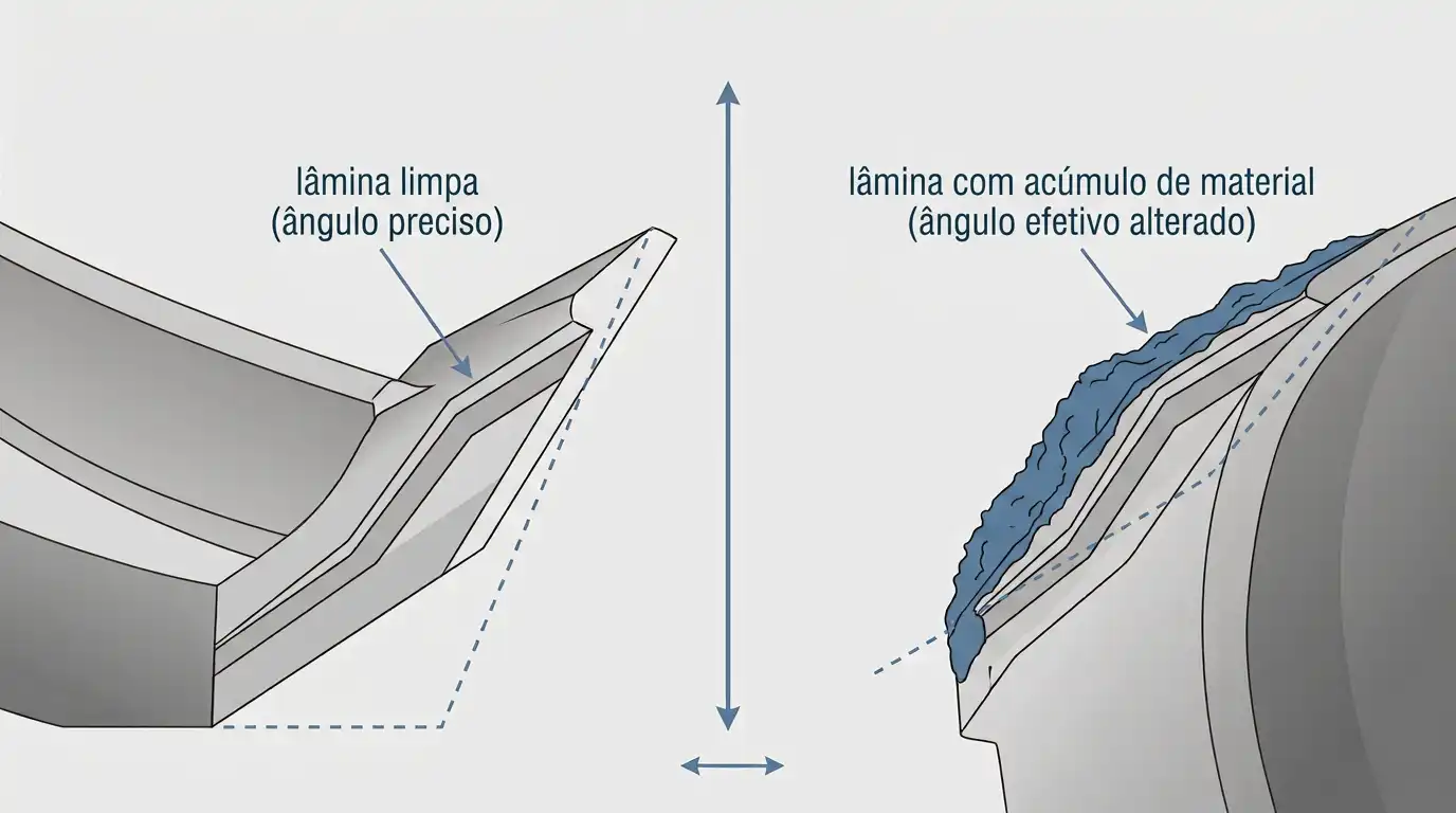 Palheta de separador limpa comparada com uma revestida de acúmulo de material que altera seu ângulo efetivo