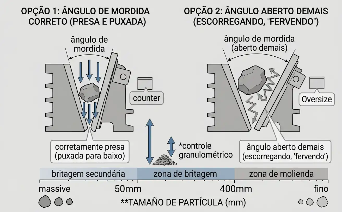 Diagrama do ângulo de mordida de britador de mandíbula mostrando rocha presa corretamente versus escorregando com ângulo aberto demais