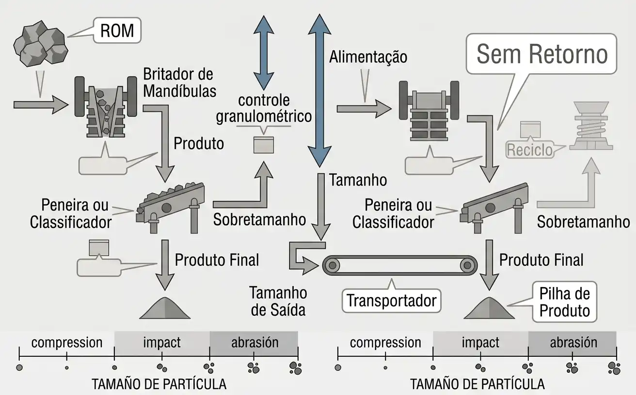 Circuito aberto com britador de mandíbulas e fluxo de uma passagem