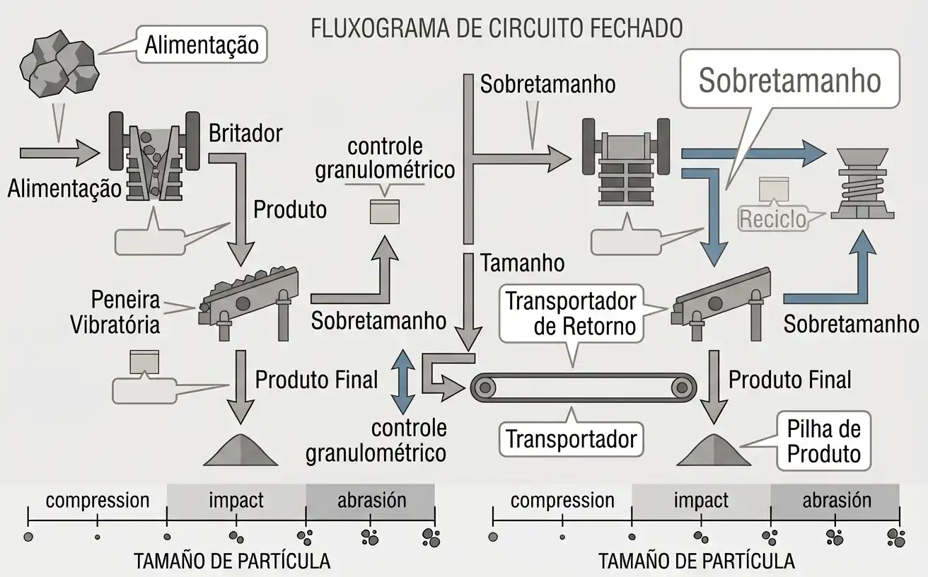 Britador e peneira em circuito fechado com retorno de sobretamanho