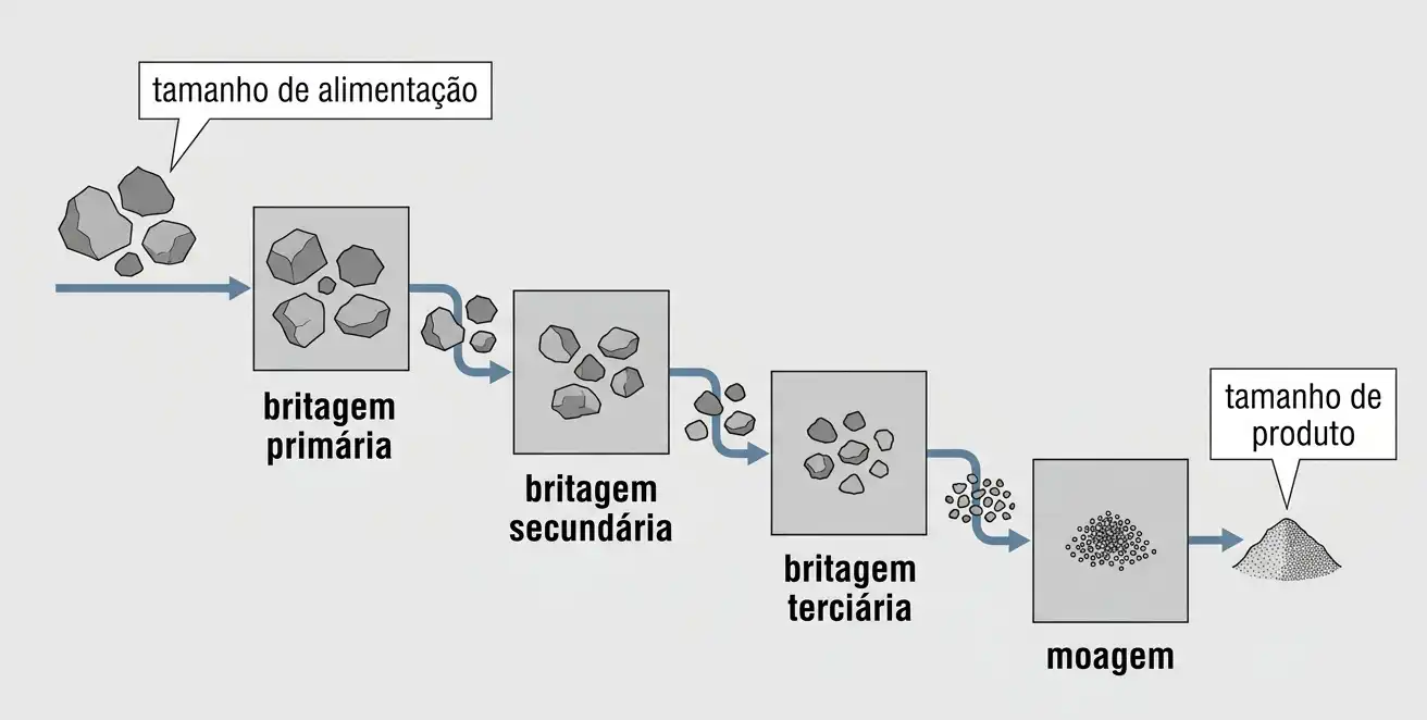 Circuito de britagem e moagem em múltiplos estágios mostrando a relação de redução progressiva em cada estágio