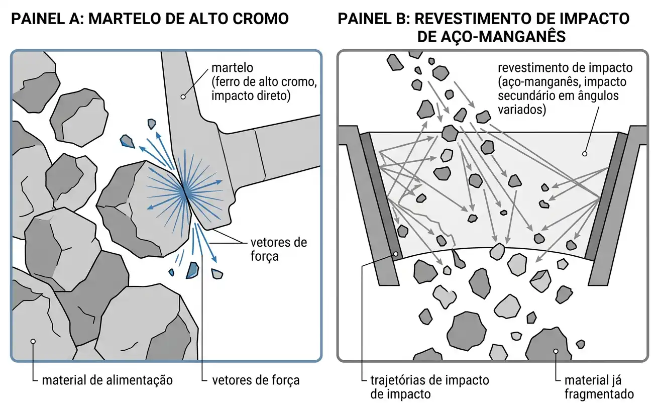 Comparação de material entre o martelo e o revestimento de impacto do britador PF