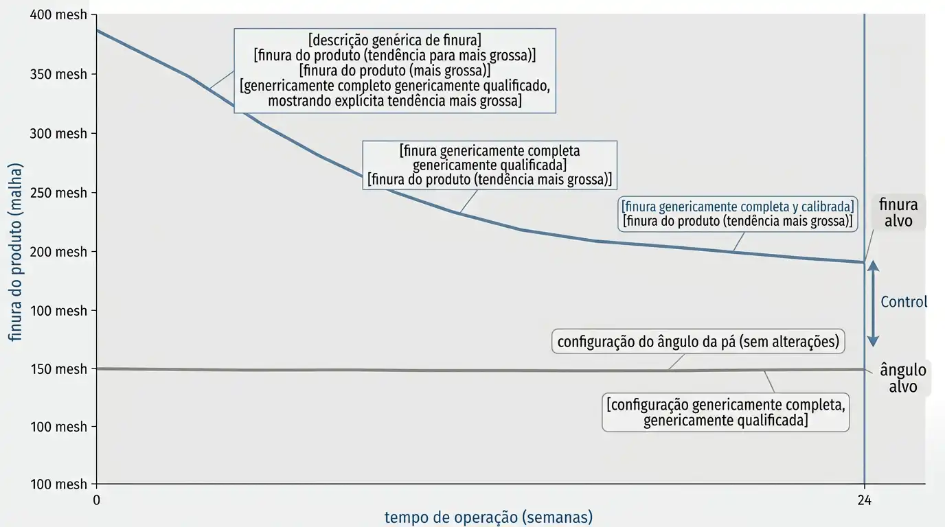 Finura do produto desviando para mais grosso ao longo de semanas de operação enquanto o ajuste do ângulo da palheta permanece sem alteração