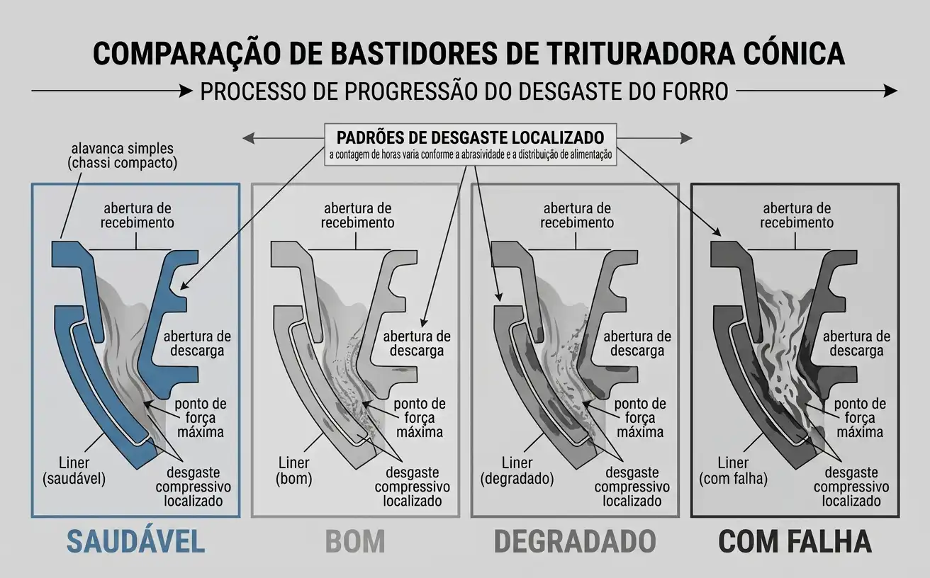 Progressão de desgaste de revestimento de britador de cone em quatro estágios, de saudável a com falha