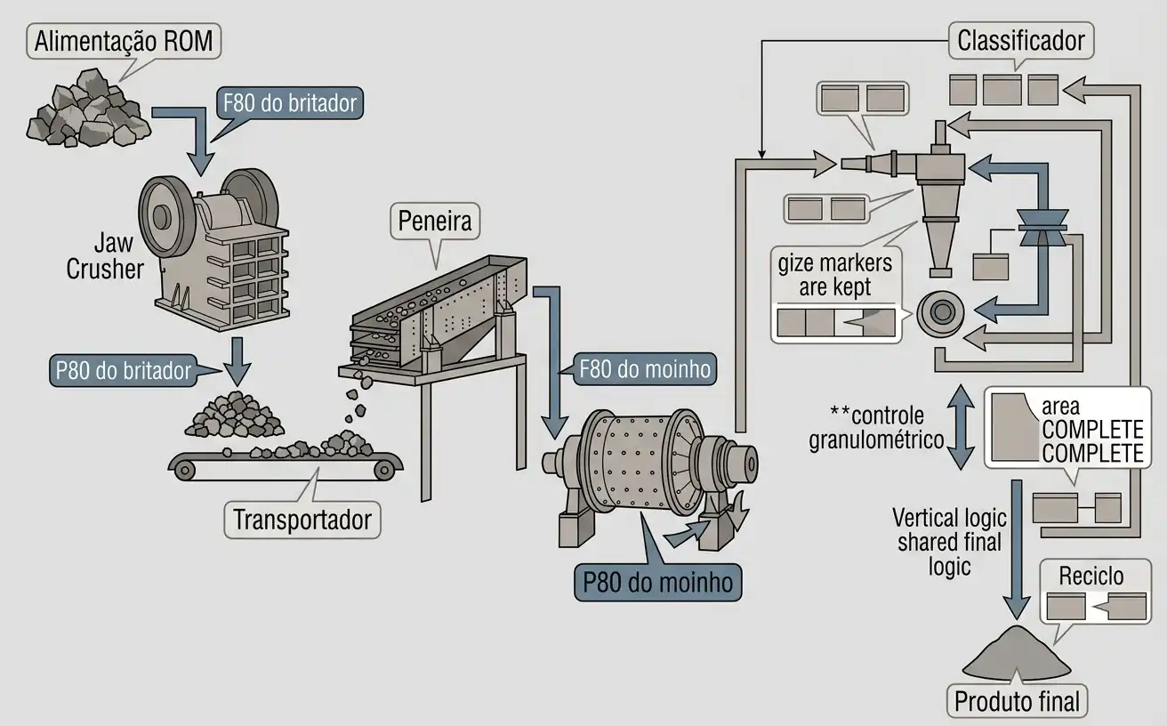 Fluxo de britagem e moagem com F80 e P80 marcados nas principais etapas