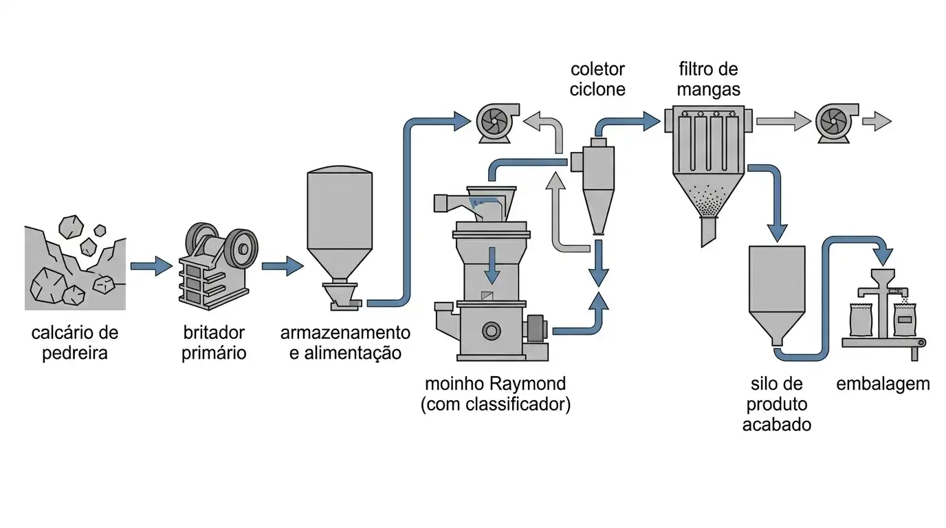 Diagrama de fluxo completo desde calcário extraído até britagem, moagem em moinho Raymond, controle de pó, e embalagem