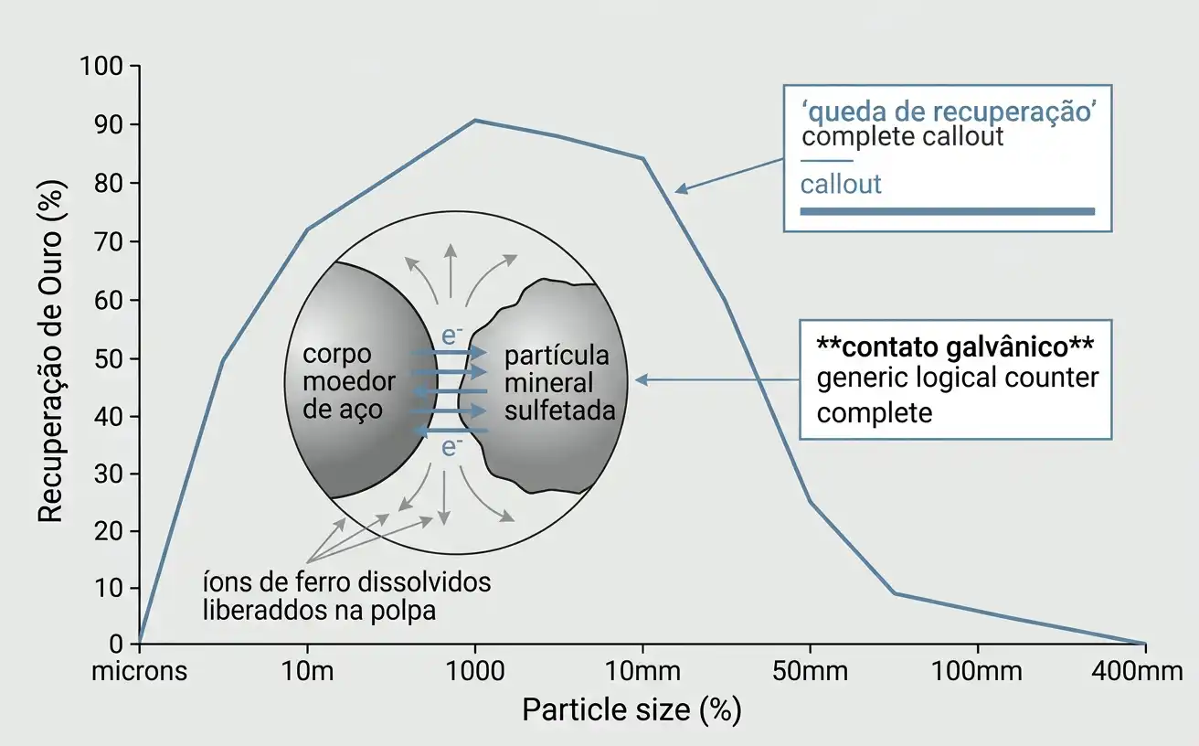 Corpo moedor de aço em contato galvânico com uma partícula mineral sulfetada liberando ferro dissolvido na polpa