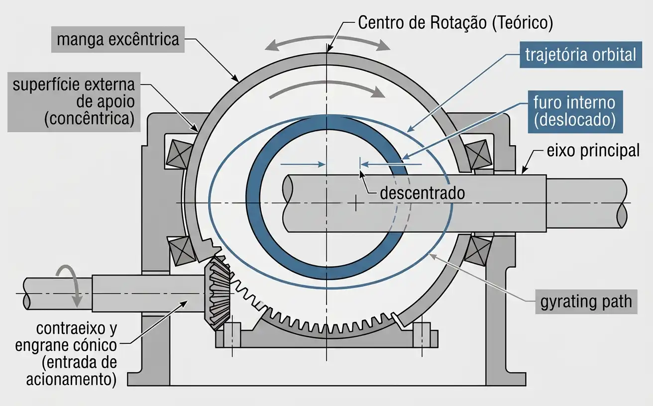 Manga excêntrica de britador de cone mostrando o furo interno deslocado que converte rotação em órbita