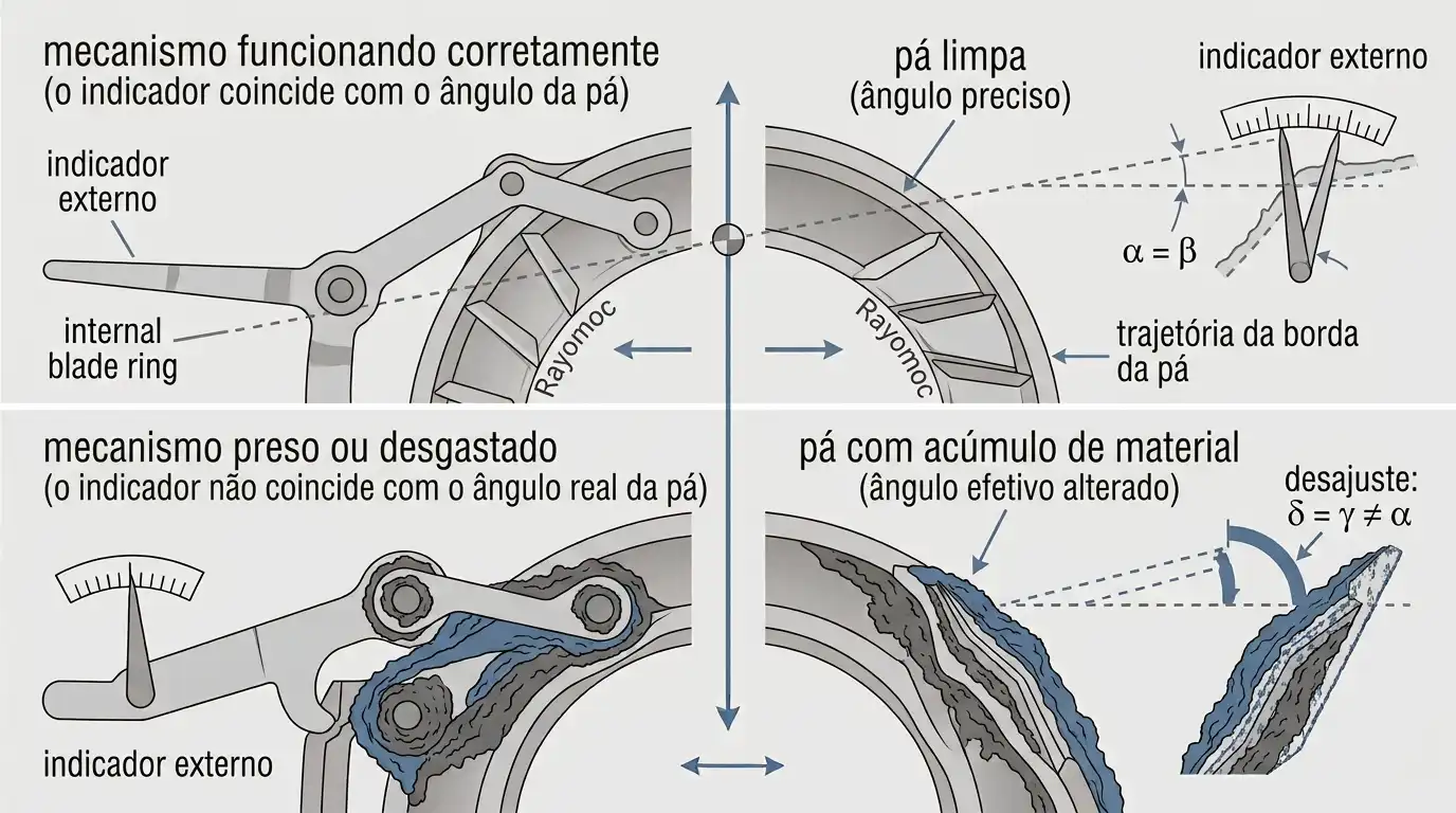 Mecanismo de ajuste funcionando corretamente comparado com um emperrado onde o indicador externo não coincide mais com o ângulo real da palheta