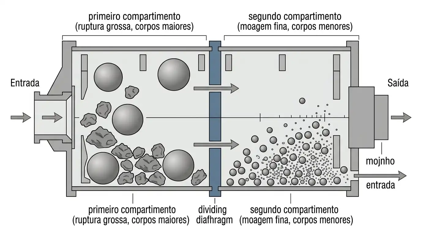 Corte longitudinal de moinho de bolas de cimento de dois compartimentos mostrando um diafragma que separa as câmaras de moagem grossa e fina