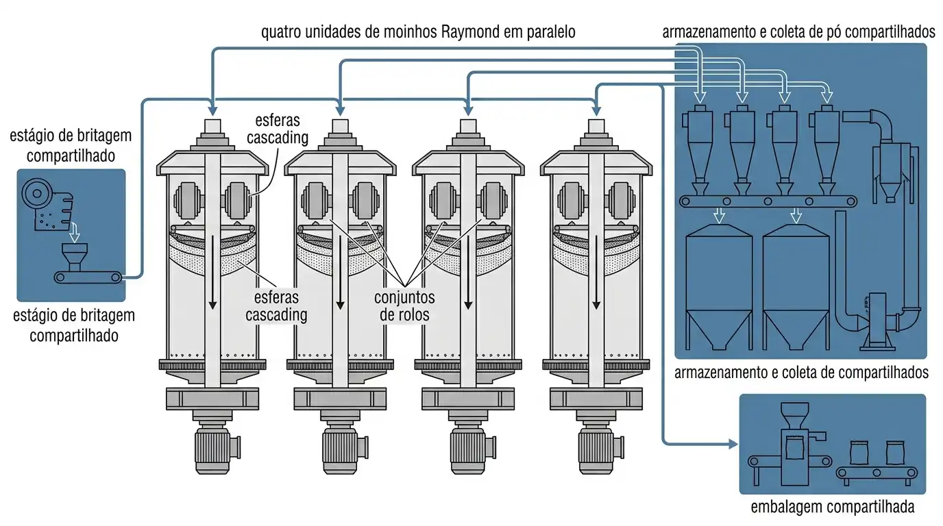 Quatro unidades de moinho Raymond em paralelo compartilhando infraestrutura de britagem, armazenamento, e controle de pó