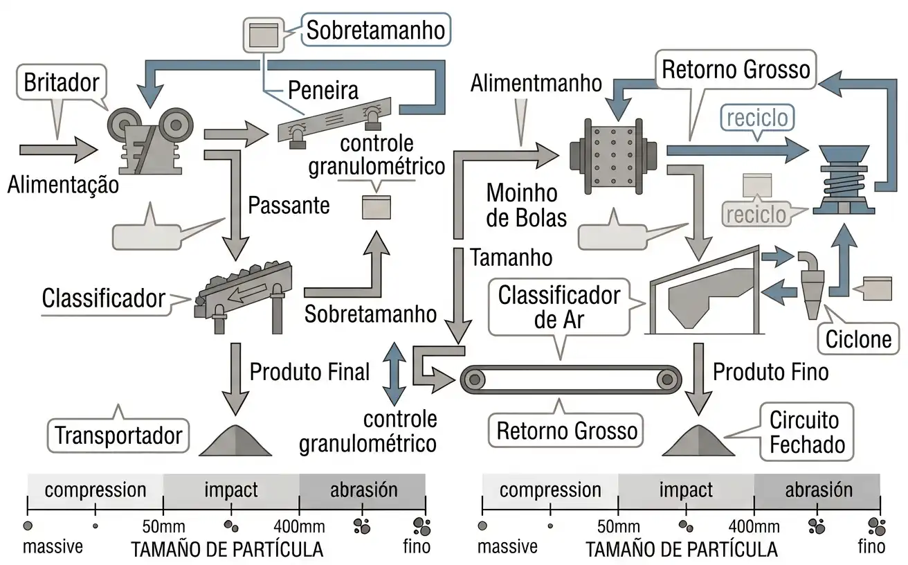 Peneira e classificador separando produto fino e retorno grosso