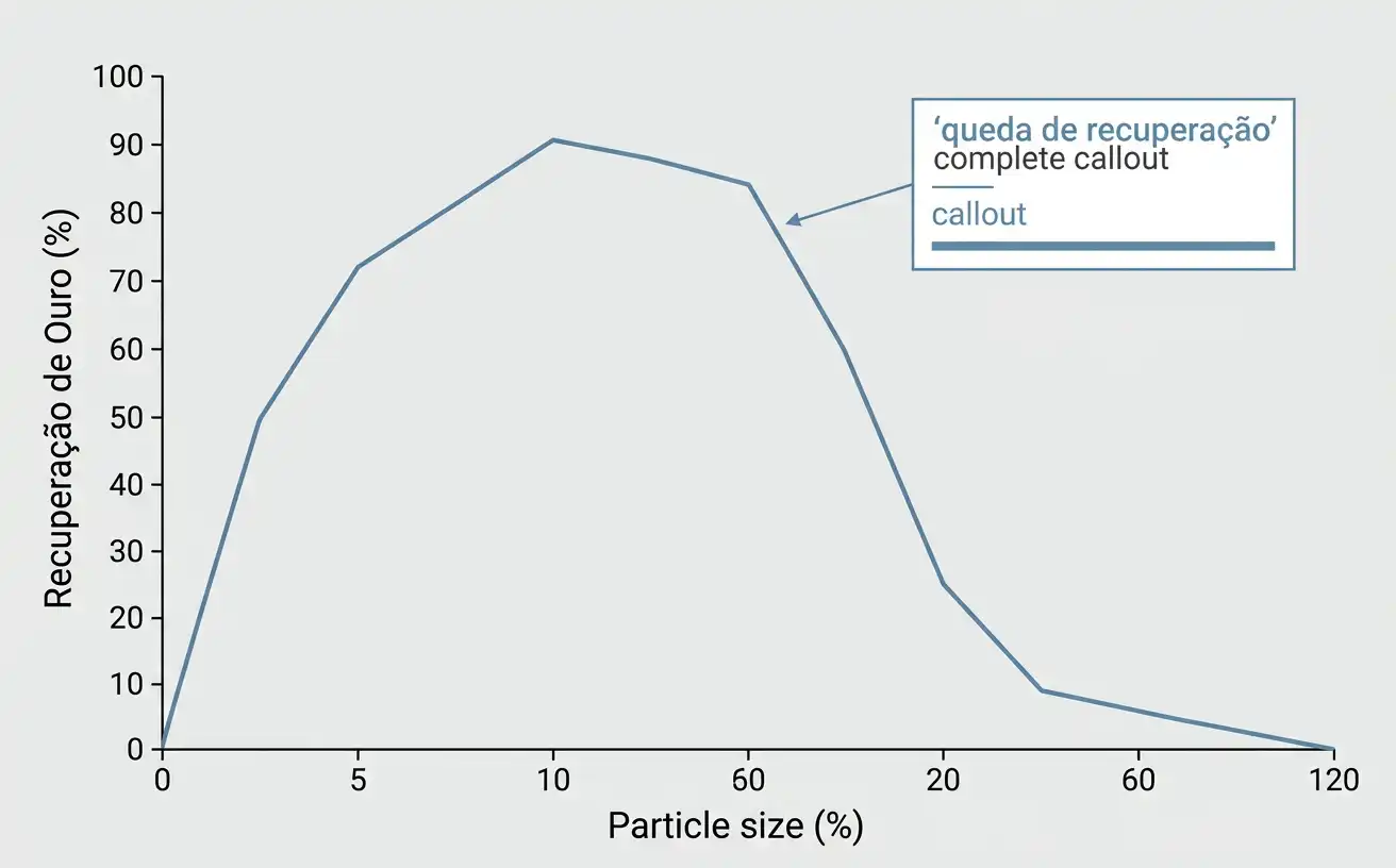 Gráfico de recuperação de ouro com pico em uma janela intermediária de tamanho de partícula e queda em ambos os extremos, grosso e fino