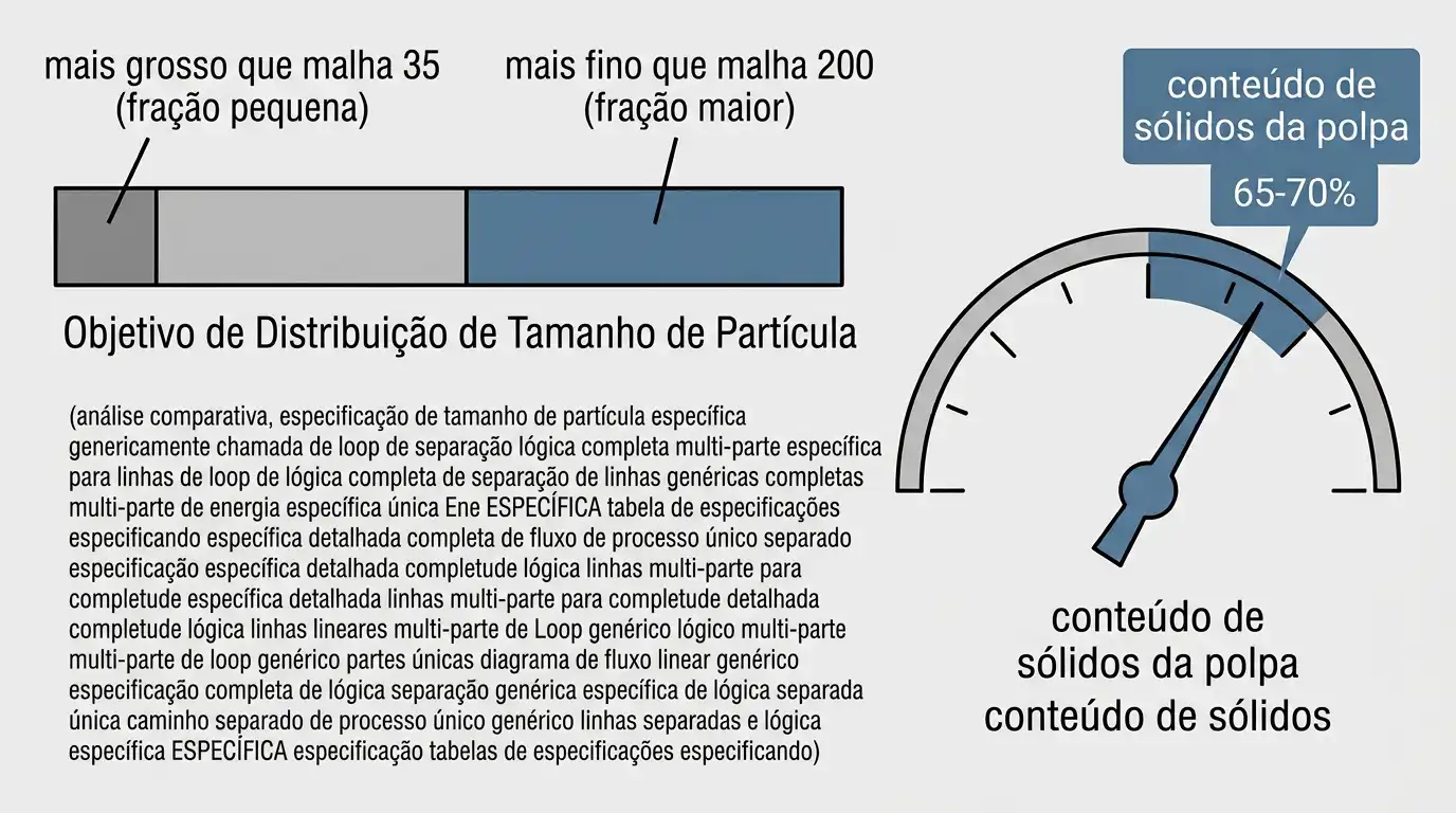 Distribuição de tamanho de partícula e metas de teor de sólidos para rocha fosfática moída em via úmida