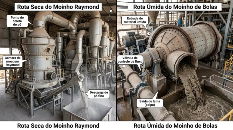 Pó seco de rocha fosfática de moinho Raymond comparado com polpa úmida de moinho de bolas alimentando um reator