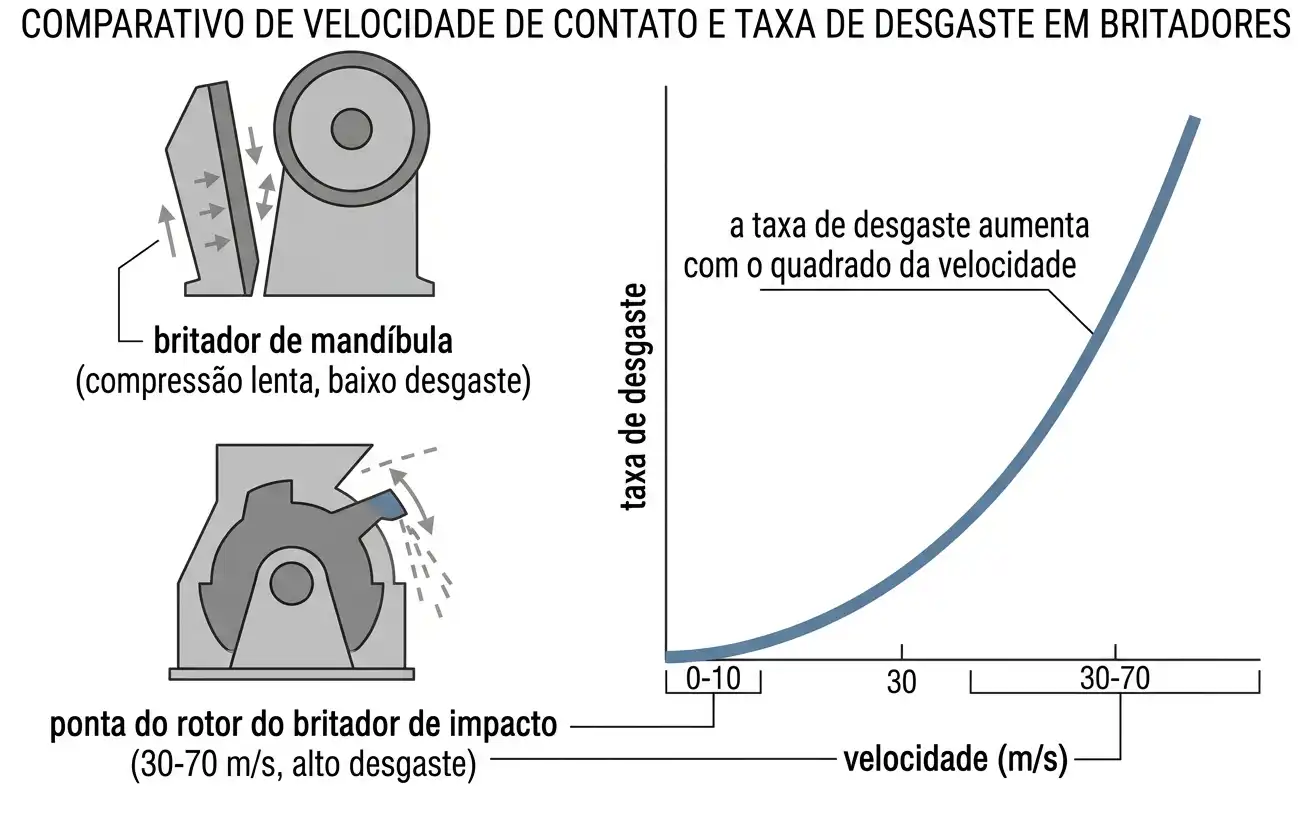 Taxa de desgaste aumentando com o quadrado da velocidade de contato, comparando britador de mandíbula e de impacto