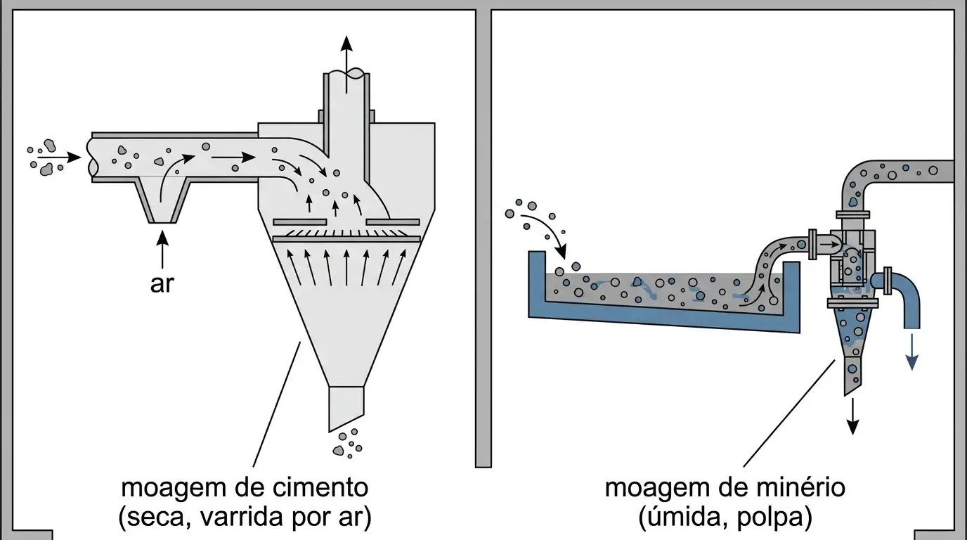Moagem seca de cimento varrida por ar comparada com moagem úmida de minerais em polpa